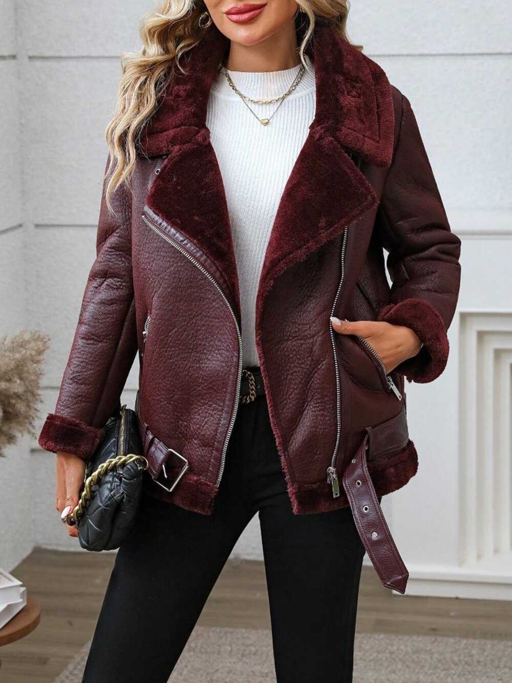 Deep Red Casual Women's Faux Shearing Jacket